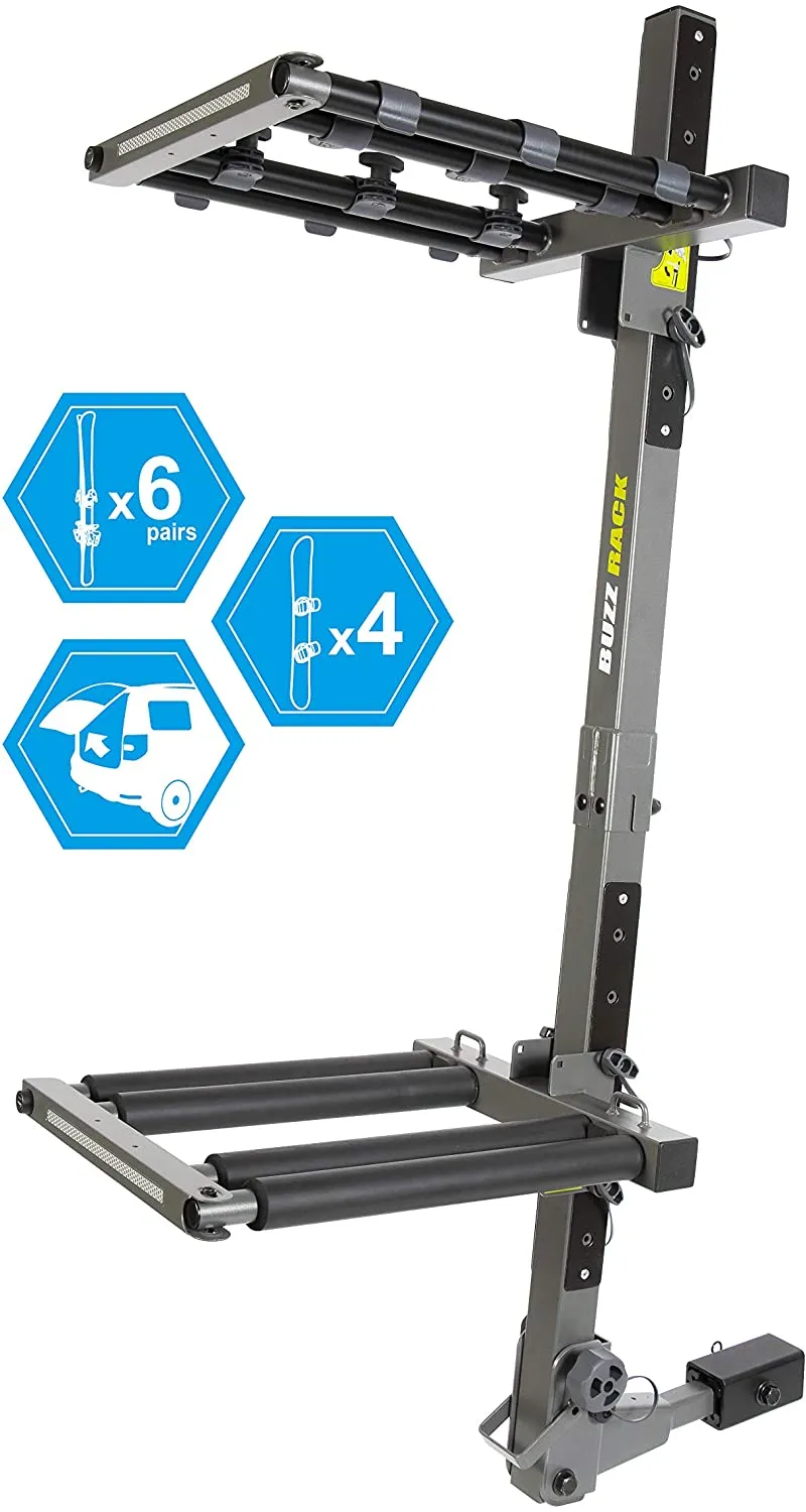 Hitch-mounted folding rack shown with capacity icons