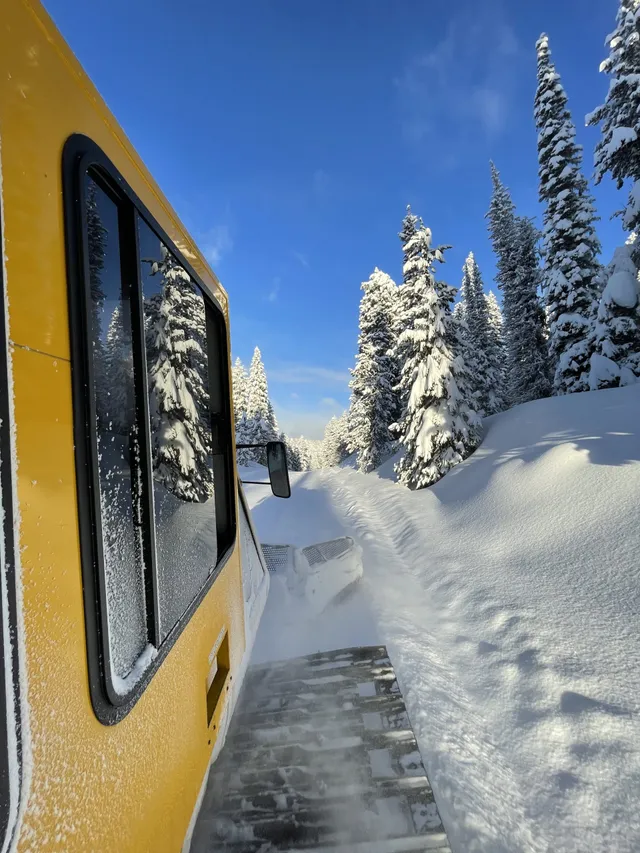 Yellow snowcat window with snowy trees and a packed trail beside it