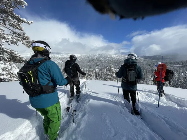 Group of skiers in a line on a ridge looking out over the mountains