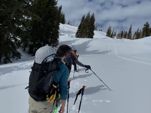 Skier with a backpack heading up the skin track